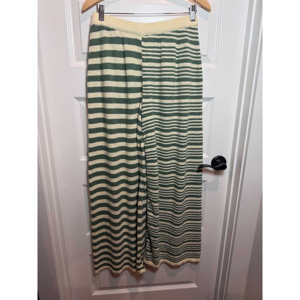 Free People FP Beach Green Cream Striped Knit Wide Leg Pants Medium OB22302